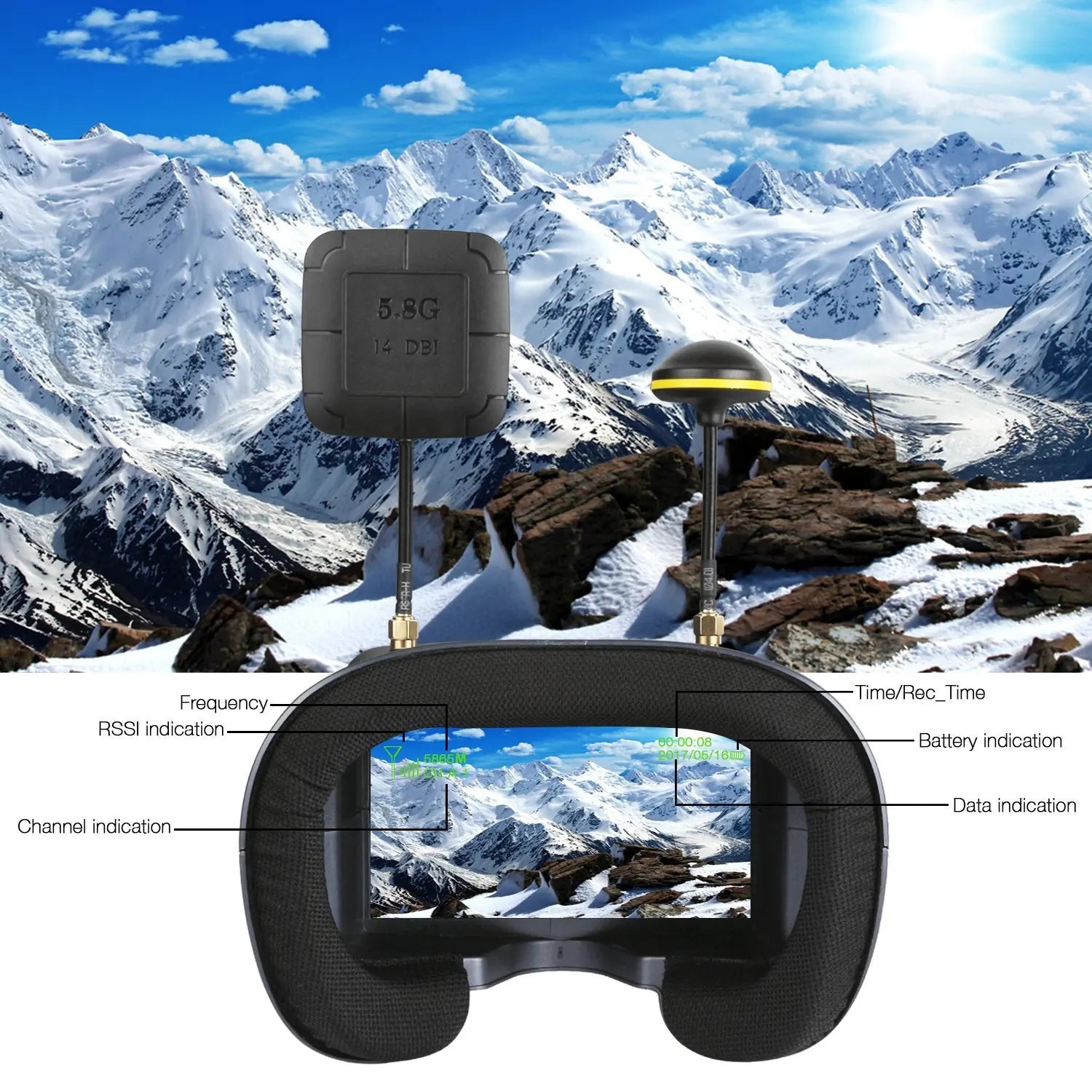 SoloGood EV800D FPV Goggles with DVR 5.8G 40CH 5 Inch 800x480 Diversity Video Headset Build in 3.7V 2000mAh Battery