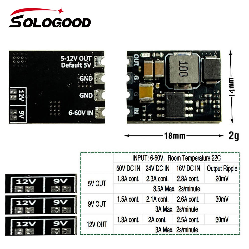 SoloGood MICRO BEC 6-60V TO 5V/9V/12V-ADJ 18*14mm