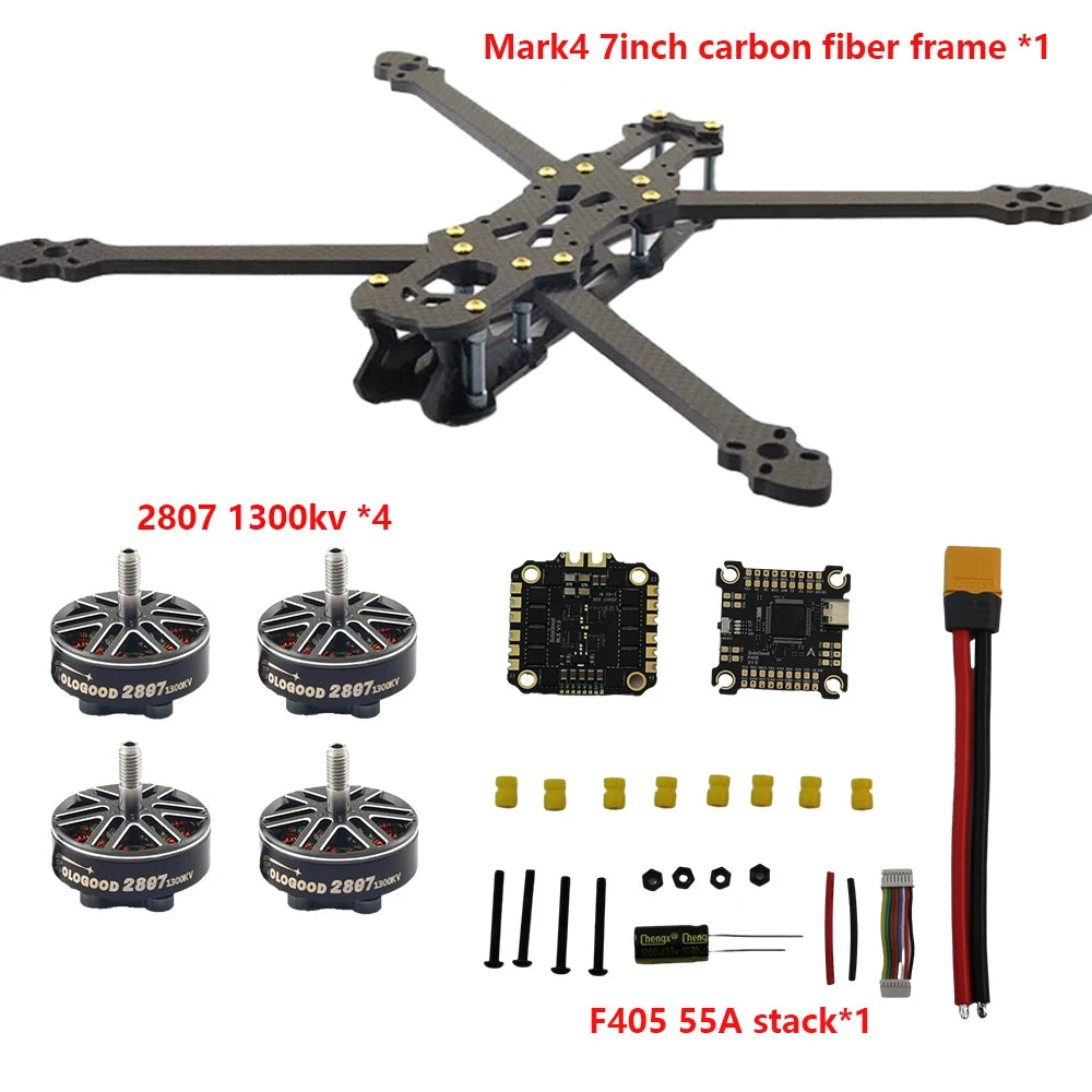 SoloGood Mark4 7inch FPV Dron Frame FLASHHOBBY A2807 SoloGood 2807 1300KV Motor SoloGood F405 55A Stack