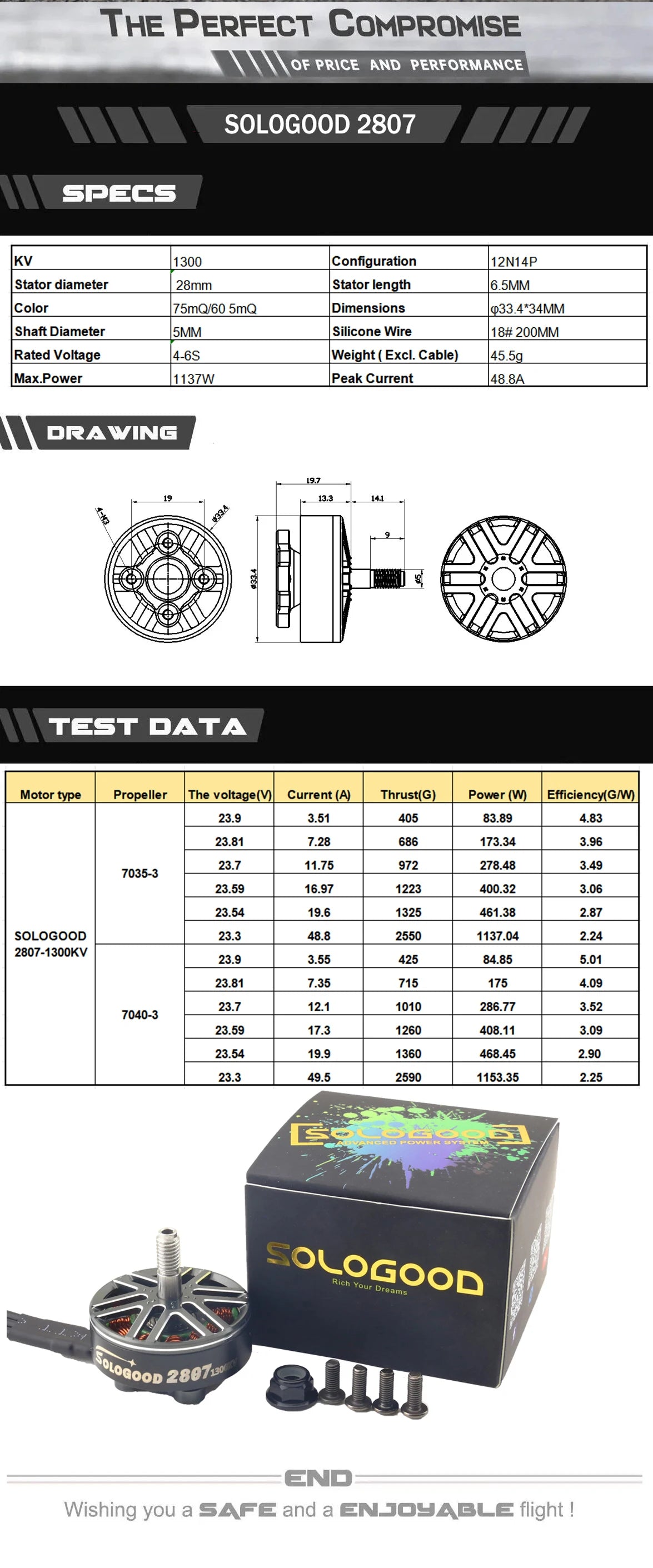 SoloGood Mark4 7inch FPV Dron Frame FLASHHOBBY A2807 SoloGood 2807 1300KV Motor SoloGood F405 55A Stack