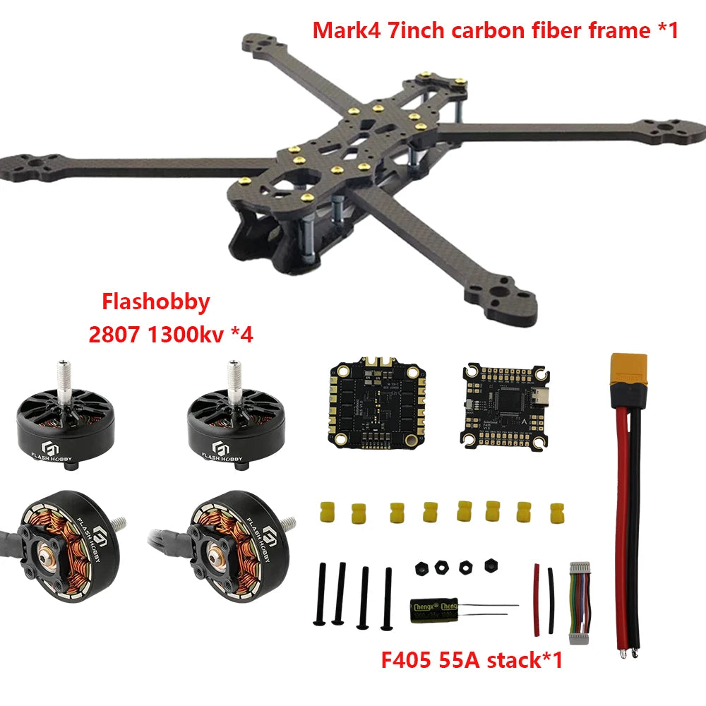 SoloGood Mark4 7inch FPV Dron Frame FLASHHOBBY A2807 SoloGood 2807 1300KV Motor SoloGood F405 55A Stack