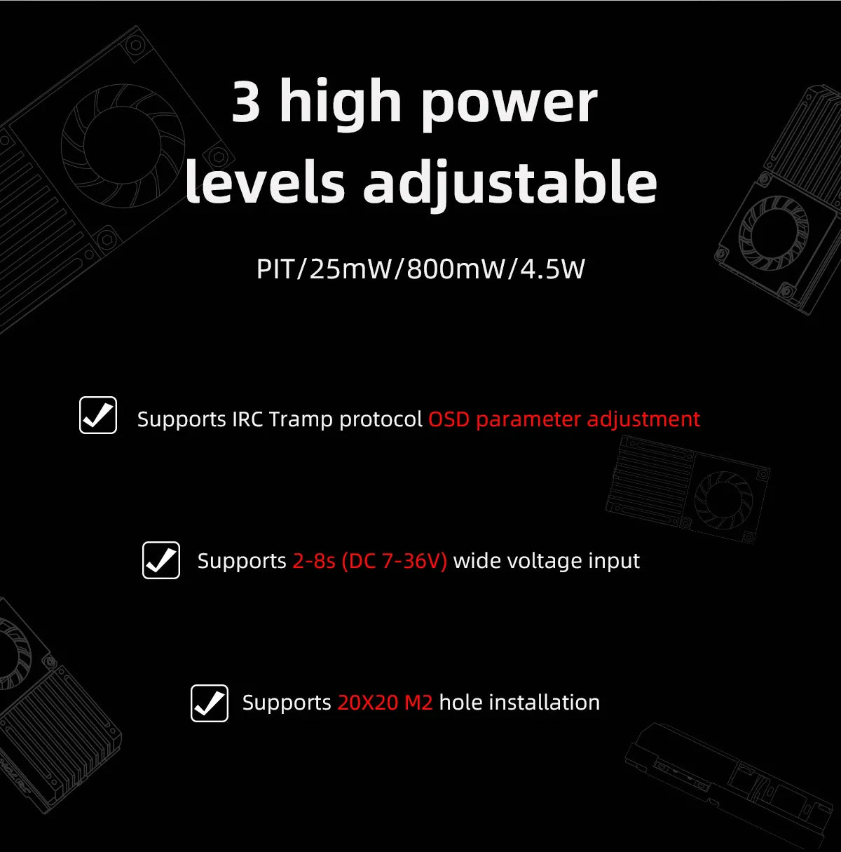 HGLRC ZEUS 1.2Ghz 4.5W VTX 8CH 25mW 800mW Switchable 2-8S VTX Video Transmitter Module 1.2G 8Ch VRX For Long Range FPV Drone