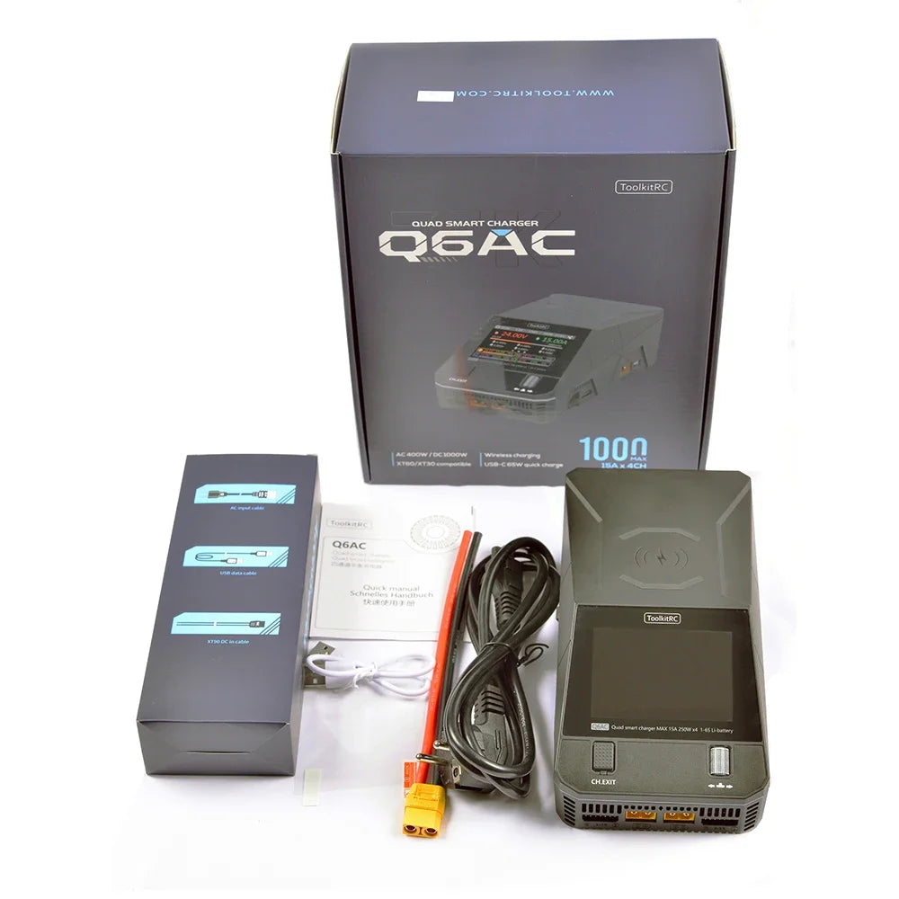 ToolkitRC Q6AC Charger AC 400W / DC 1000W 4CH output Built-in 65W USB Output 15W Wireless Charger for LiPo NiMH PB battery