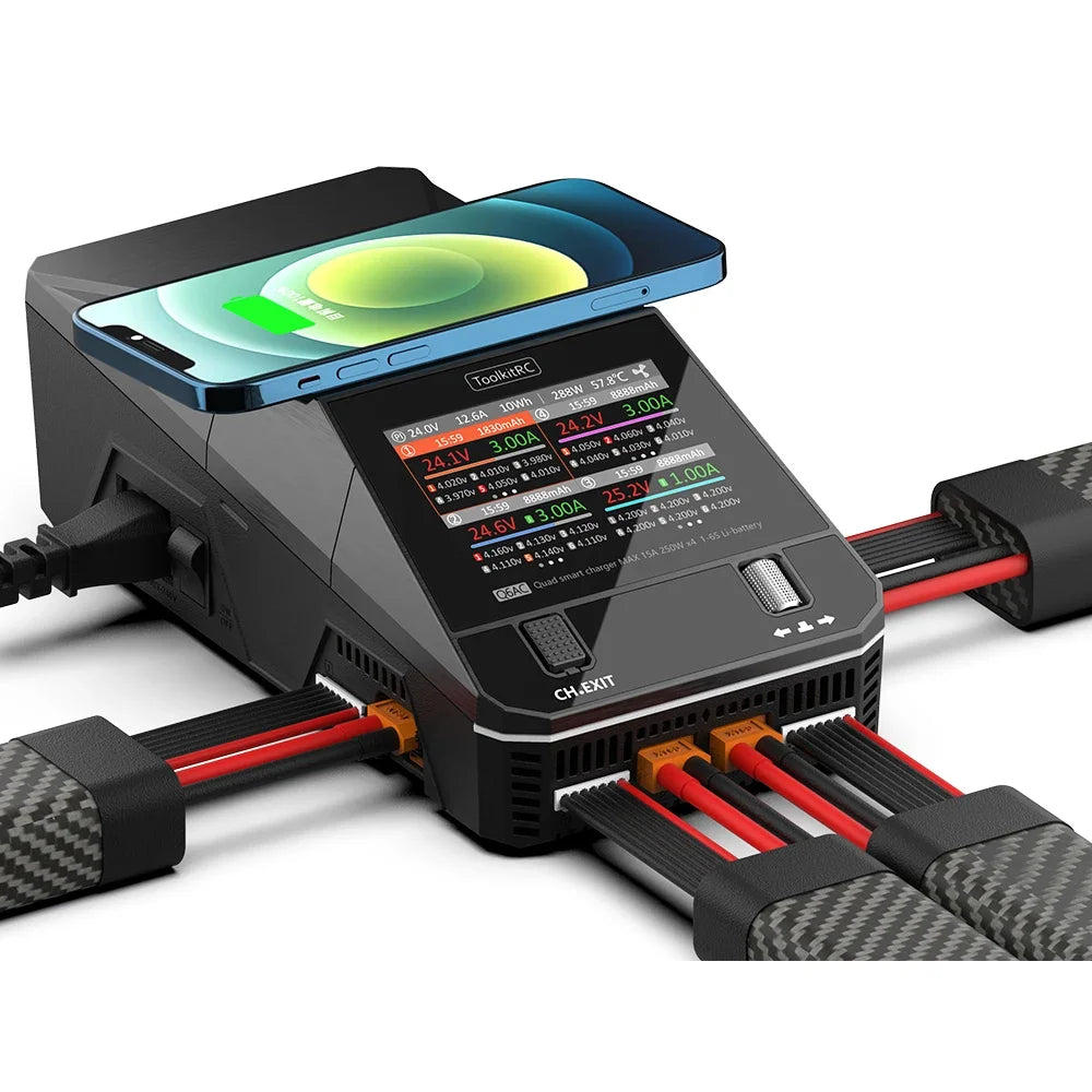 ToolkitRC Q6AC Charger AC 400W / DC 1000W 4CH output Built-in 65W USB Output 15W Wireless Charger for LiPo NiMH PB battery