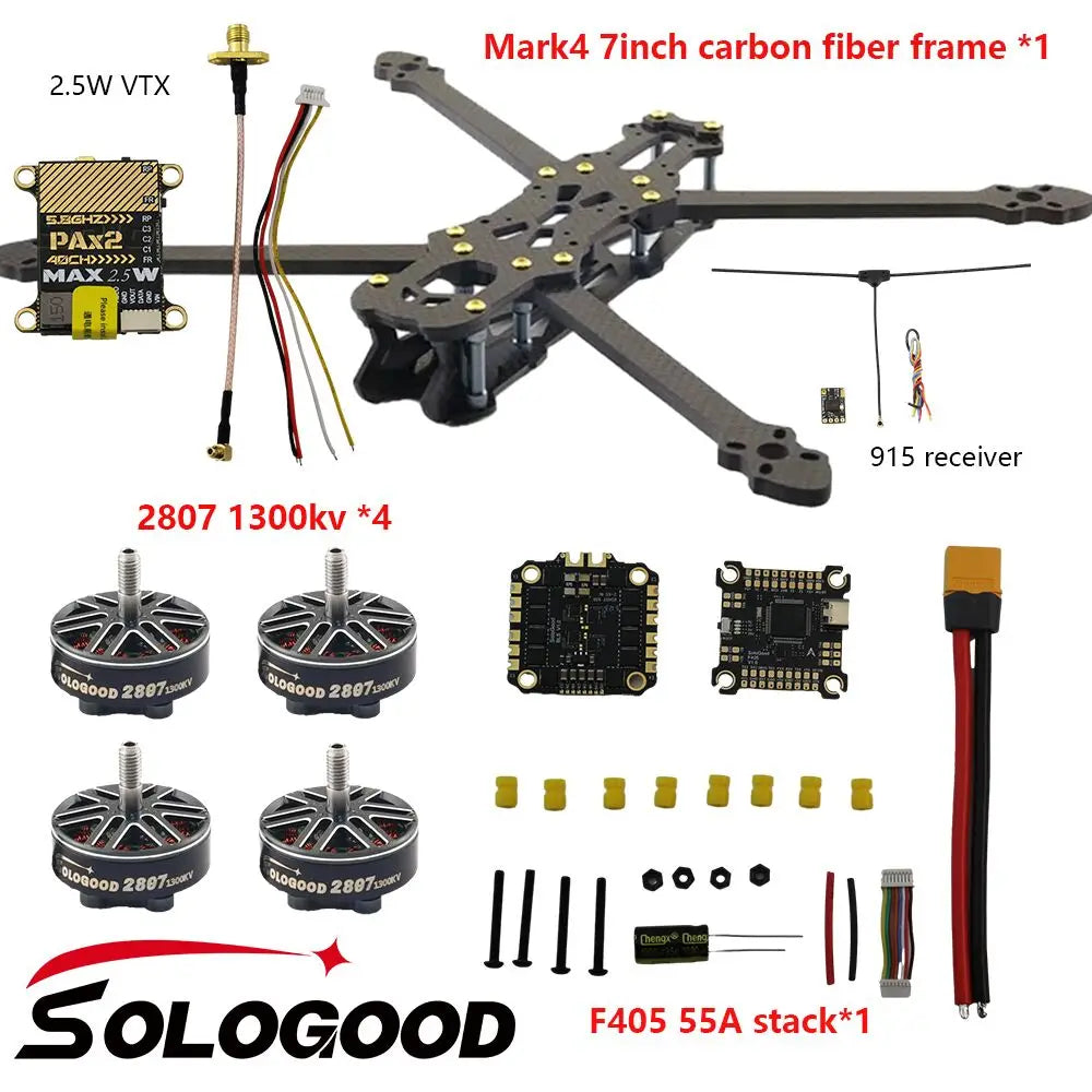 SoloGood Mark4 7inch FPV Dron Frame FLASHHOBBY A2807 SoloGood 2807 1300KV Motor SoloGood F405 55A Stack