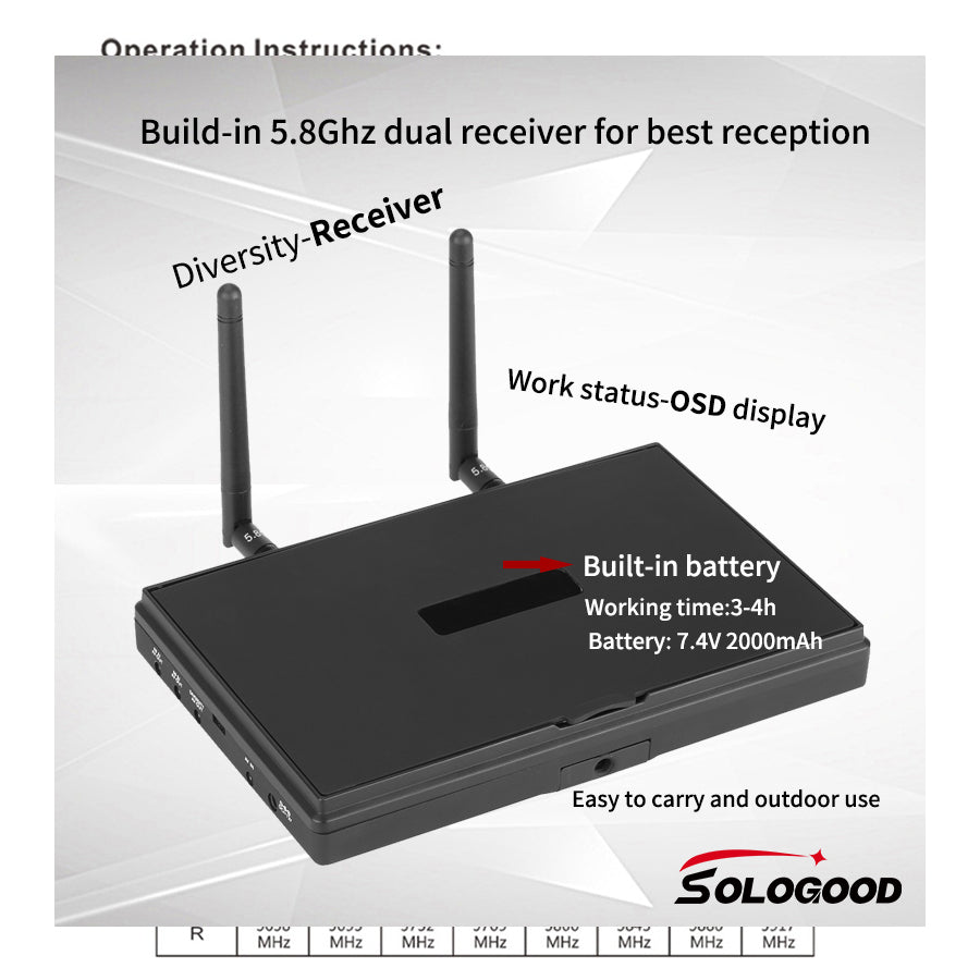 SoloGood LCD5802D 5802 5.8G 40CH 7 Inch Raceband FPV Monitor 800x480 With DVR Build-in Battery Video Screen