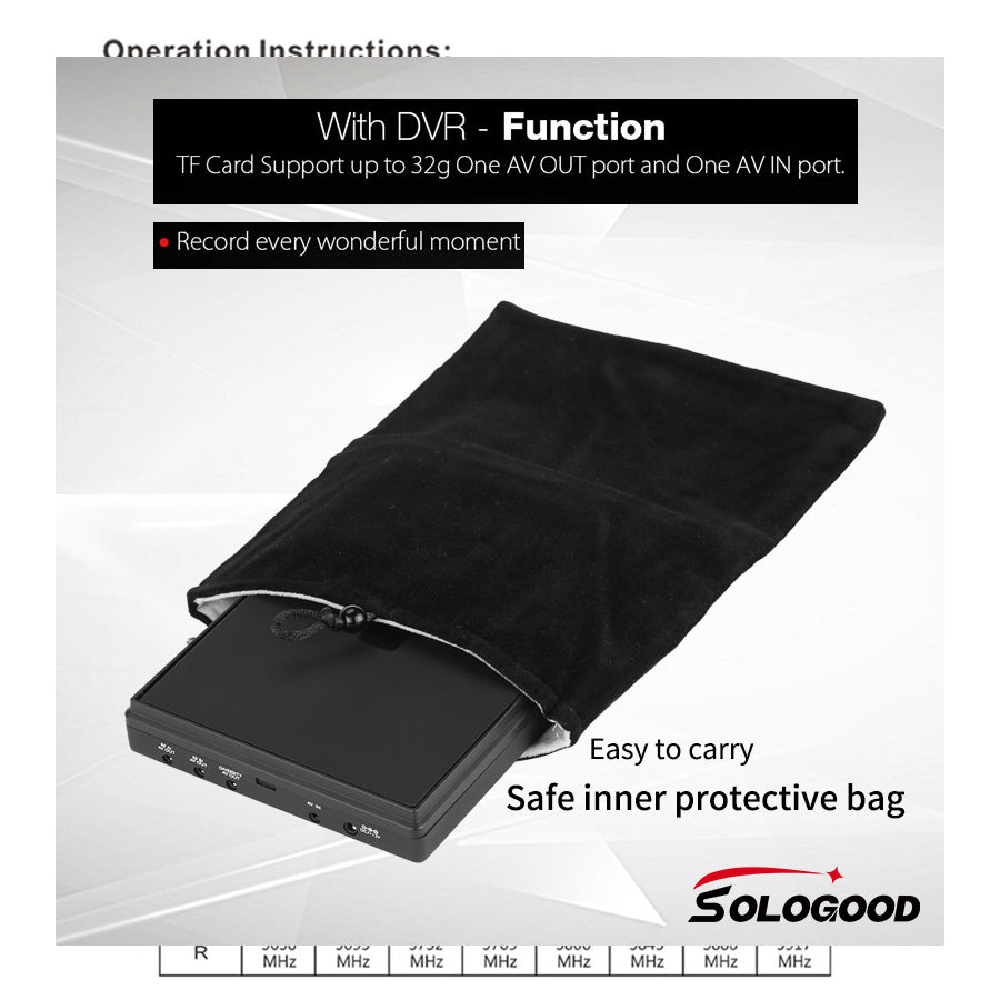 SoloGood LCD5802D 5802 5.8G 40CH 7 Inch Raceband FPV Monitor 800x480 With DVR Build-in Battery Video Screen