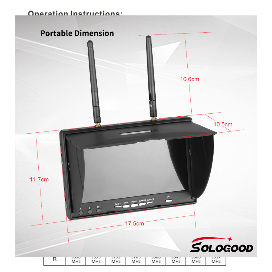 SoloGood LCD5802D 5802 5.8G 40CH 7 Inch Raceband FPV Monitor 800x480 With DVR Build-in Battery Video Screen