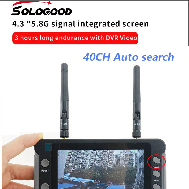 SoloGood 800*480 5.8G FPV Monitor with DVR 40CH 4.3 Inch LCD Display 16:9 NTSC/PAL Auto Search Video Recording