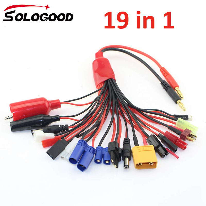 SoloGood 19 in1 RC Lipo Battery Charger Adapter Convert Cable 4mm Banana Plug to Traxxa JST FUTABAS/T-Plug XT90 EC3 EC5 Hxt TAMIYAS