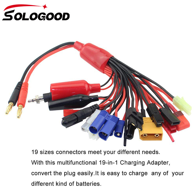 SoloGood 19 in1 RC Lipo Battery Charger Adapter Convert Cable 4mm Banana Plug to Traxxa JST FUTABAS/T-Plug XT90 EC3 EC5 Hxt TAMIYAS