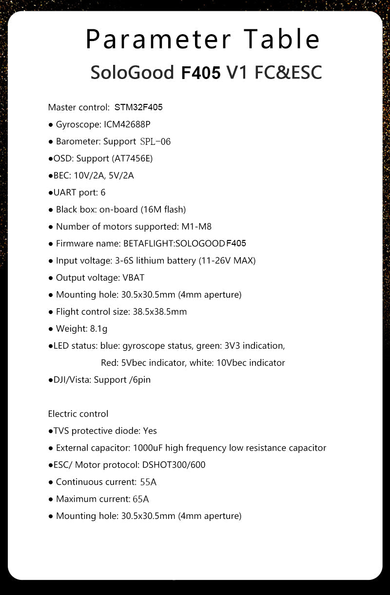 SoloGood F405 55A Stack ICM42688P F405 Flight Controller BLHELI_S 55A 4in1 ESC 30.5X30.5mm 2-6S