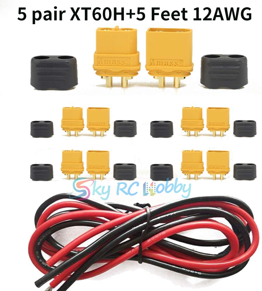 Amass 5 Pairs Amass XT60H XT60 Bullet Connector Male Female Plug Pack with 5 Feet 12AWG Silicone Cable (Red+Black)