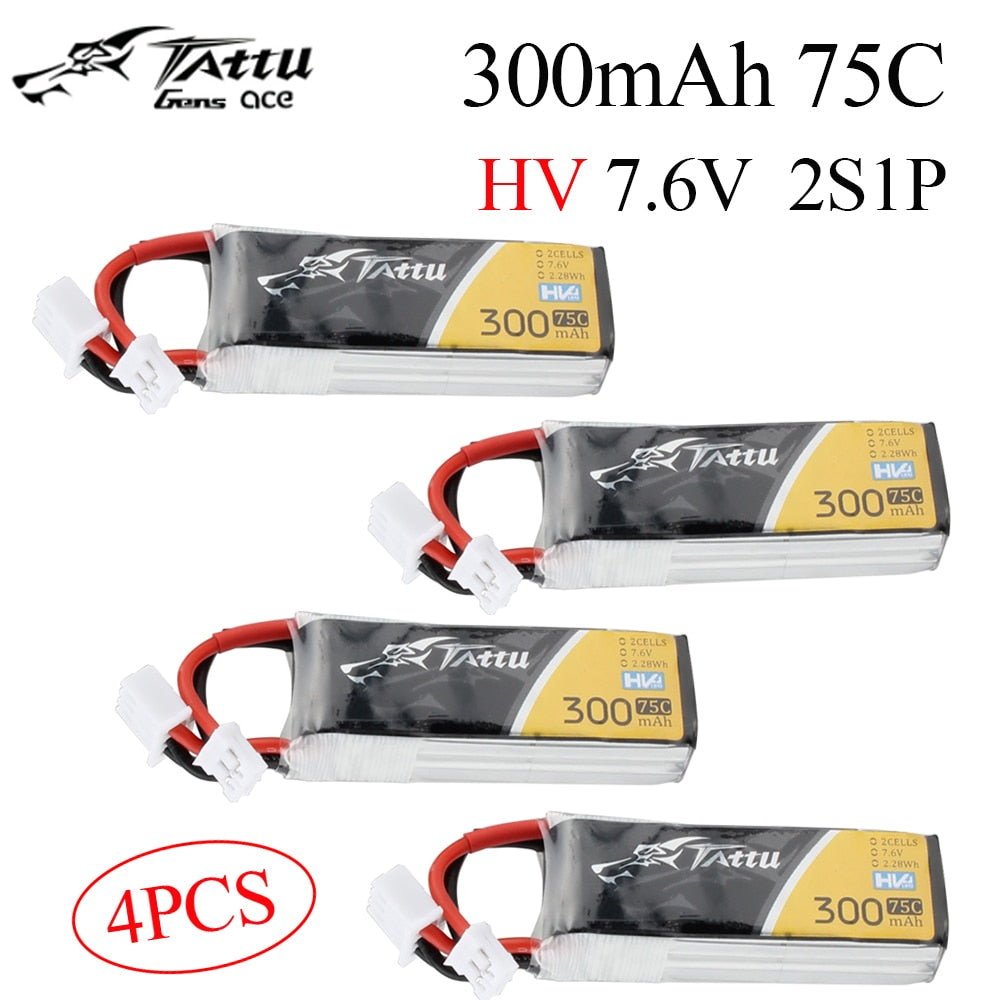 4PCS Tattu 300mAh 7.6V 75C 2S1P HV Lipo Battery Pack With JST-PHR Plug for RC FPV Racing Drone Quadcopter Toys
