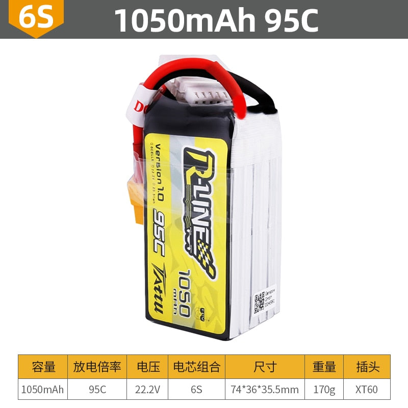 Tattu R-Line 1050mAh 95C 6S1P Lipo Battery Pack with XT60 Plug for RC FPV Racing Drone Quadcopter