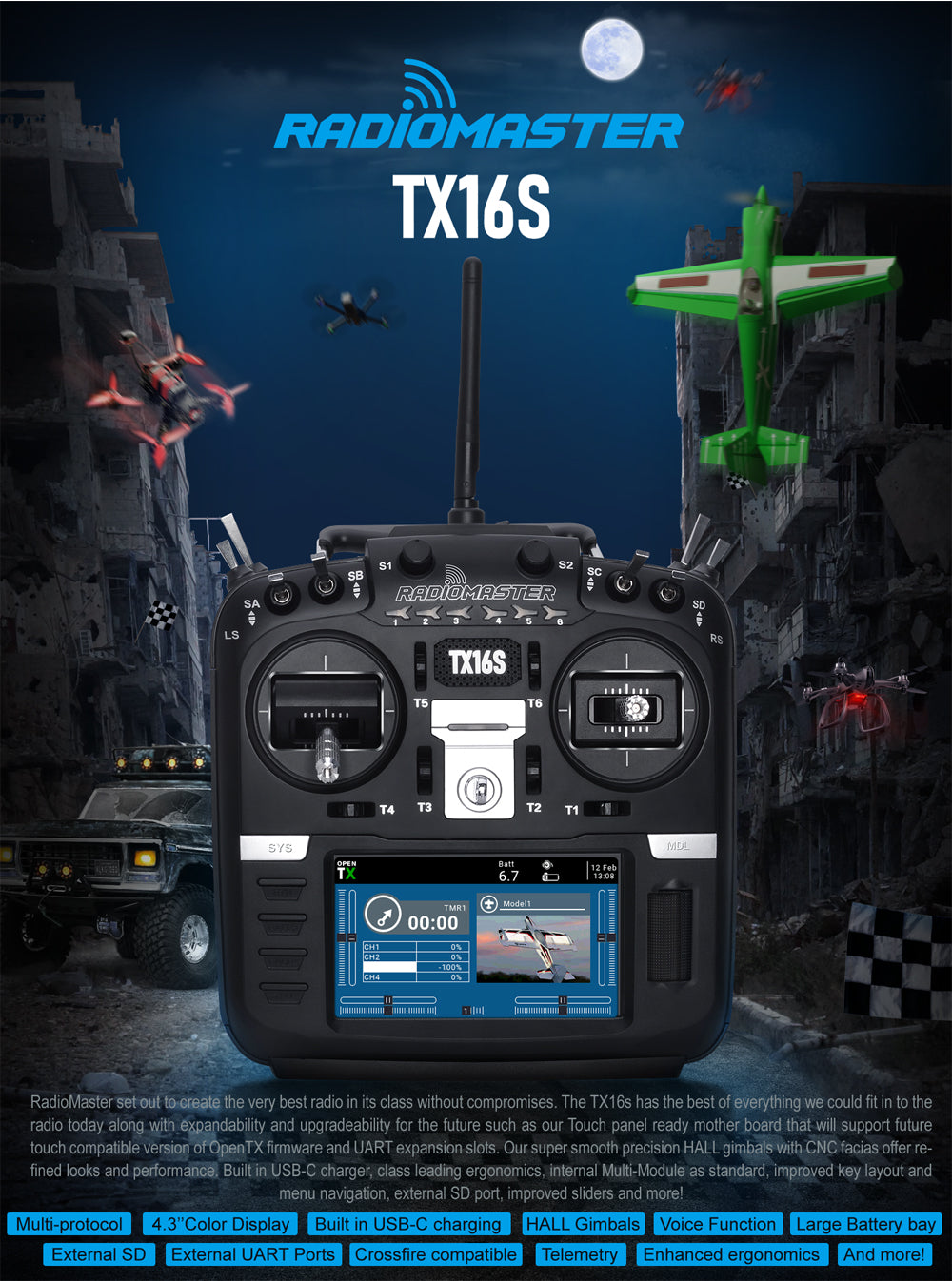 RadioMaster TX16S Original Transmitter 2S 5000mAh Lipo Battery Frsky Multi Protocol Open Source Remote Control FPV Racing Drone