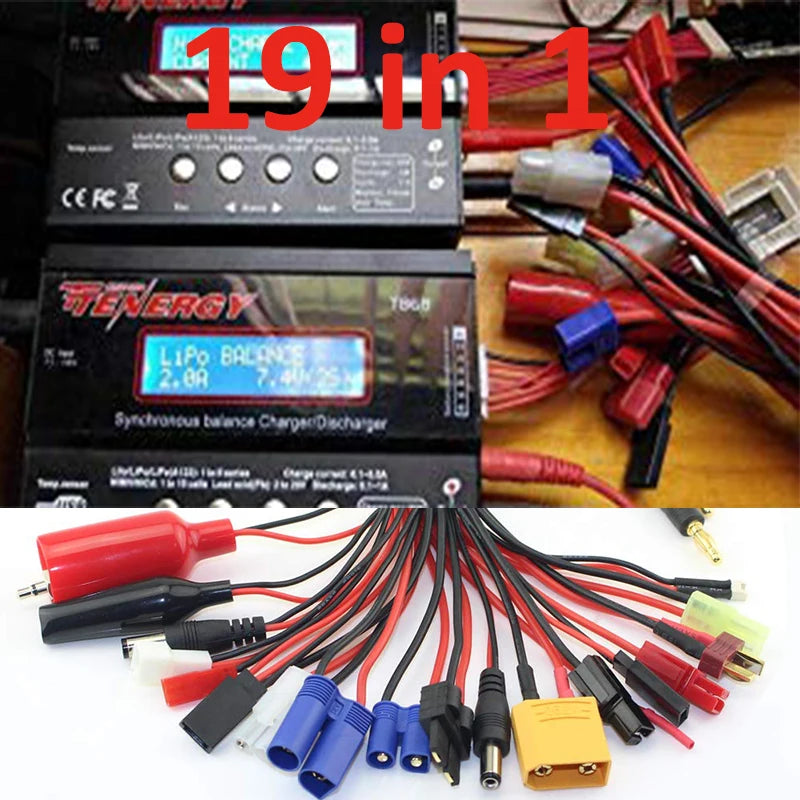 SoloGood 19 in1 RC Lipo Battery Charger Adapter Convert Cable 4mm Banana Plug to Traxxa JST FUTABAS/T-Plug XT90 EC3 EC5 Hxt TAMIYAS