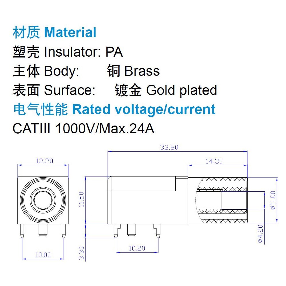 Amass Banana Socket Pure Copper Gold Plated 24.245 4mm 90 Degree PCB Panel Safety PA Molded Case High Current 24A 1000V