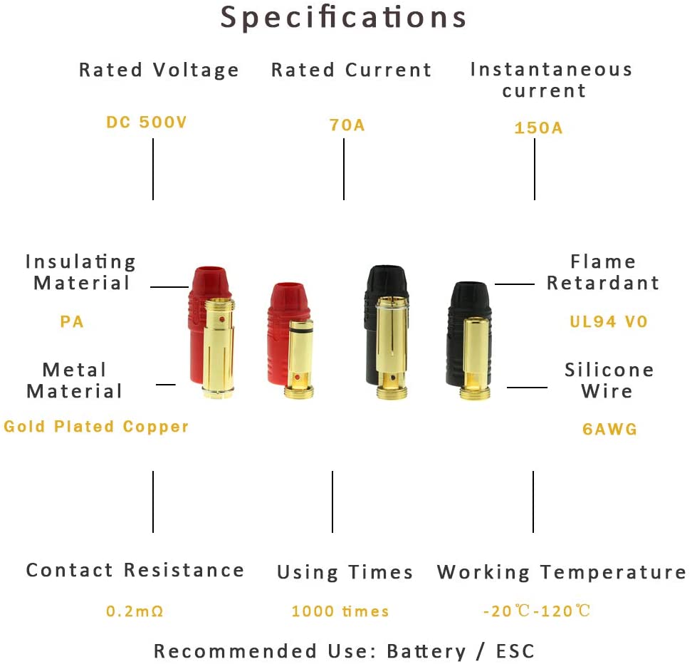 2Pairs 6Pairs Amass AS150 Male Female Anti Spark Connector 7mm Gold Plated Banana Plug Set for Battery ESC and Charge Lead