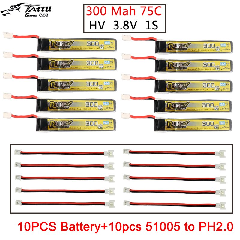 10pcs TATTU Lipo Battery 300mAh 3.8V 75C 1S with PH2.0 Plug Connector and 51005 to PH2.0 Plug for RC FPV Racing Drone Quadcopter