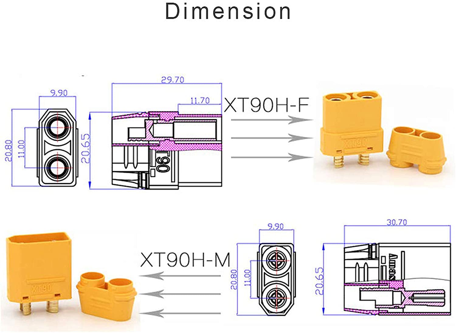 Amass 5 Pairs XT90 XT-90 Male Female Bullet Connectors Power Plugs for RC Lipo Battery Motor