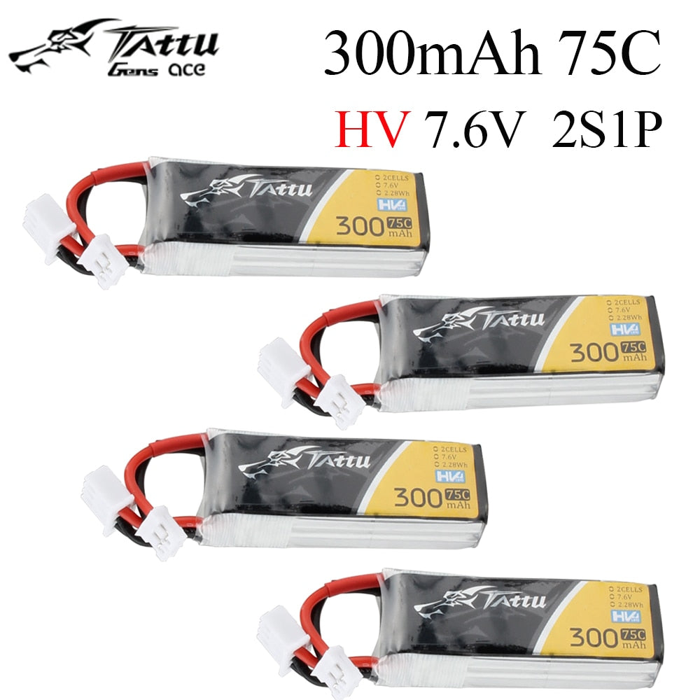 4PCS Tattu 300mAh 7.6V 75C 2S1P HV Lipo Battery Pack With JST-PHR Plug for RC FPV Racing Drone Quadcopter Toys