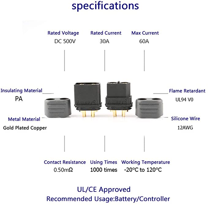 Amass XT60 XT60H Black Bullet Connector Plug Upgrated of XT60 Plug Sheath Female & Male Black Plated for RC Parts Lipo Battery