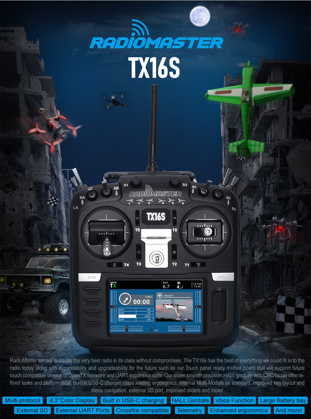 RadioMaster TX16S Original Transmitter 2S 5000mAh Lipo Battery Frsky Multi Protocol Open Source Remote Control FPV Racing Drone