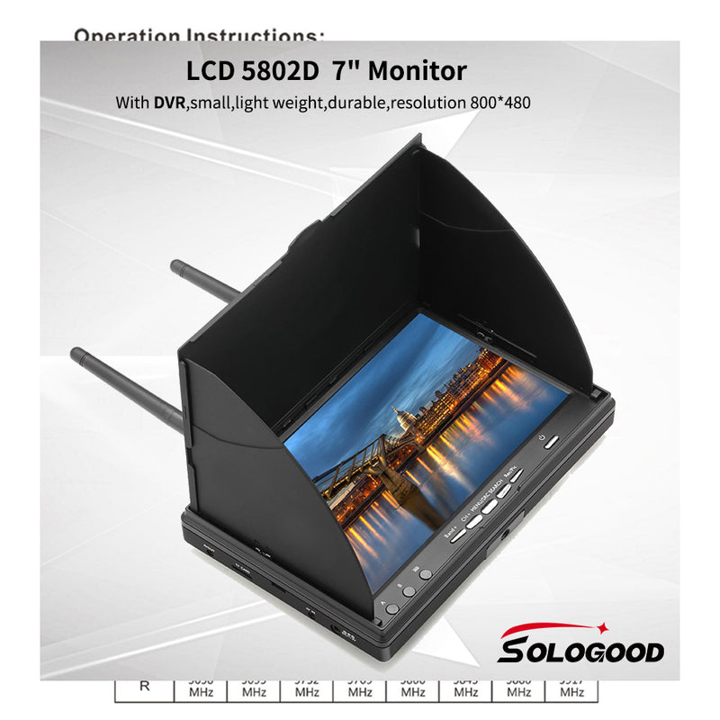 SoloGood LCD5802D 5802 5.8G 40CH 7 Inch Raceband FPV Monitor 800x480 With DVR Build-in Battery Video Screen For FPV Multicopte