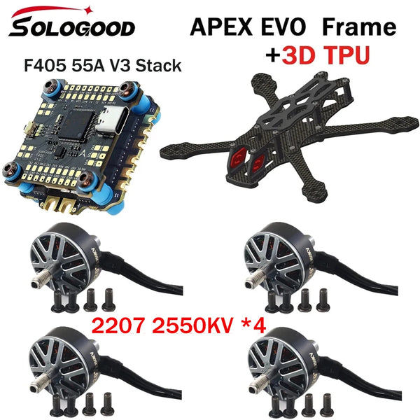 SoloGood APEX EVO  Frame Kit  F405 55A V3 Stack ICM42688P BLS55A 4in1 ESC 2207 2550KV  2-6S Lipo Unibell Brushless Motor