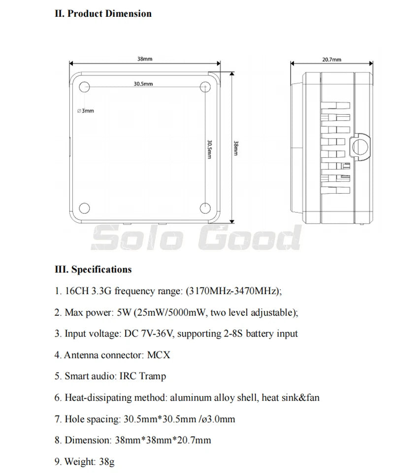 SoloGood 3.3GHz 5W Transmitter VTX 25mW/5000mW Two Level adjustable 16CH 3.3G 3170MHz-3470MHz