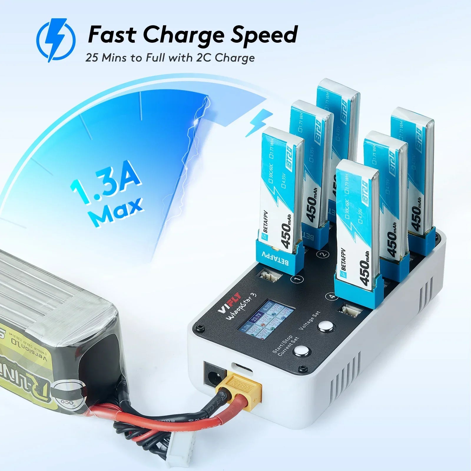 SoloGood VIFLY WhoopStor 3 V3 Battery Charger 6 Ports 1S LiPo Charger Discharger Storage Memory Function for Tinywhoop BT2.0 PH2.0 Come with AC to DC Power Adapter