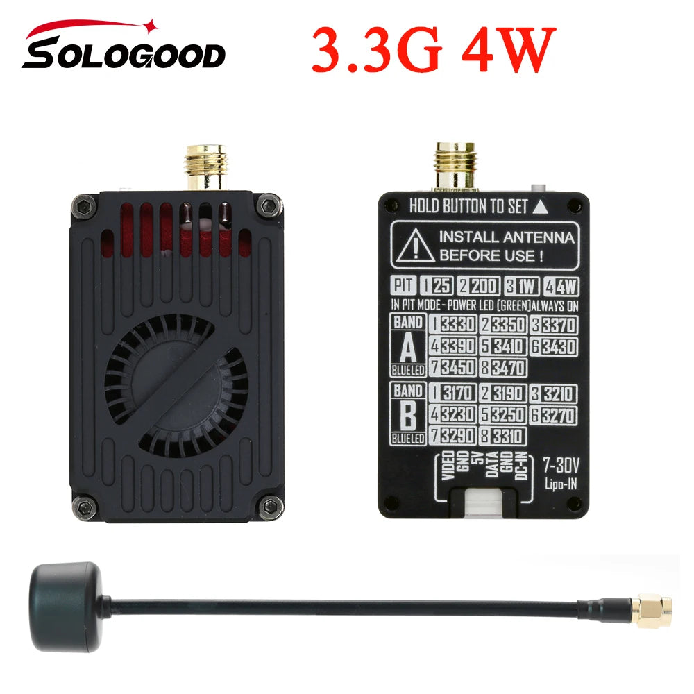 SoloGood 3.3G 4W VTX Supports IRC Tramp Protocol 7-30V Video Transmitter  3.3GHz Glasses VRX Module