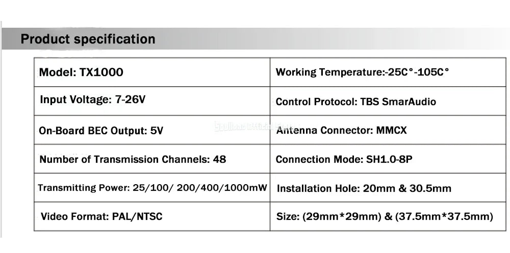SoloGood 48CH 5.8G 1W VTX Image Transmission Rush Cherry ntenna Input Voltage 7-26V 25/100/200/400/1000mW
