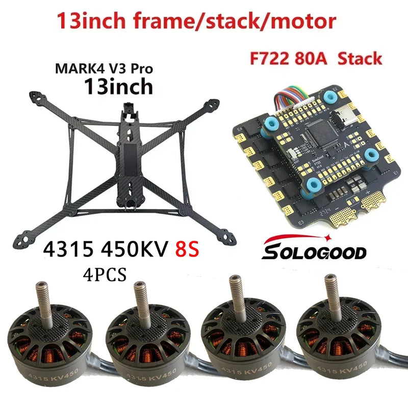 SoloGood MARK4 V3 Pro 13inch 570mm Carbon Fiber Frame SoloGood F722 80A Stack 4315 450KV Brushless Motor Gemfan 1308 Propeller