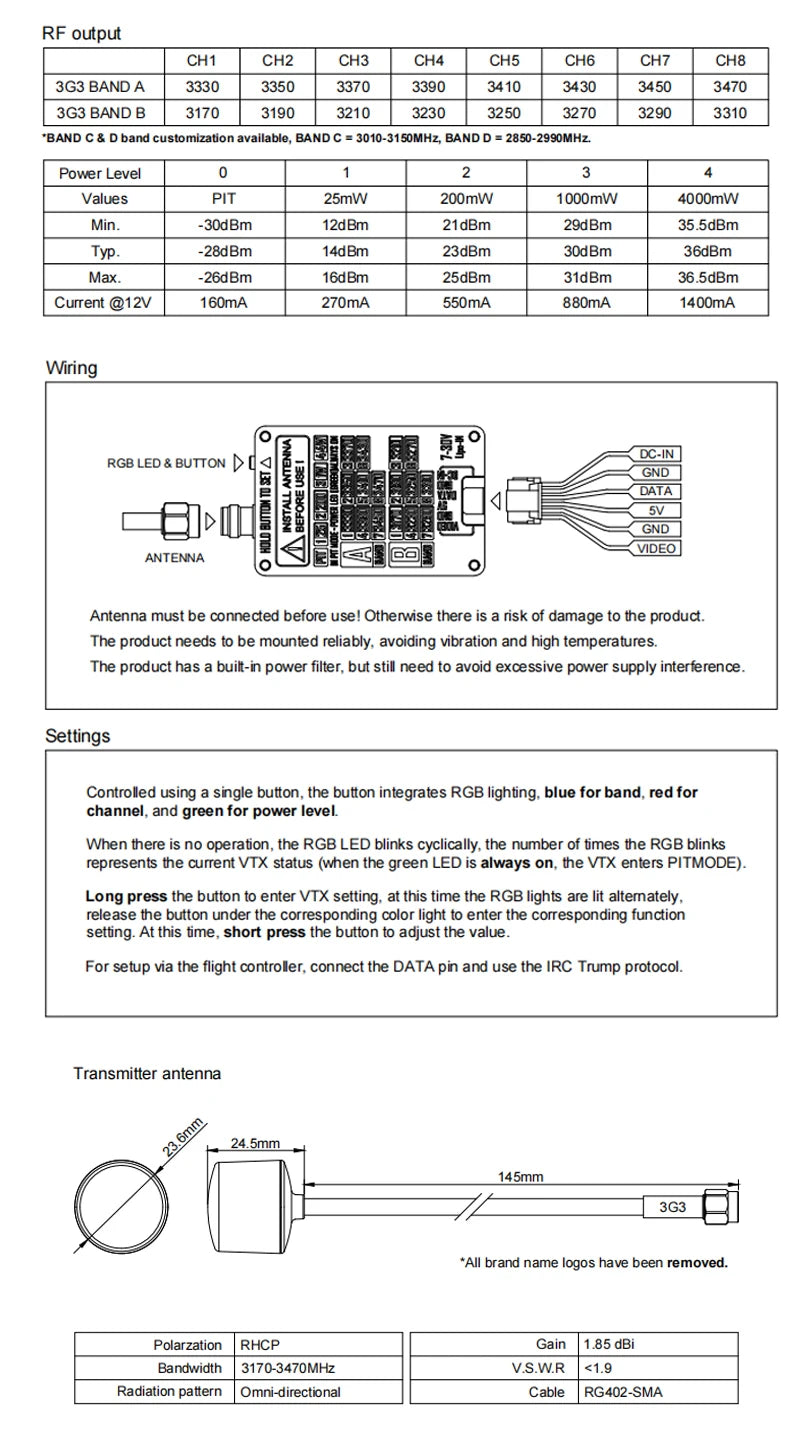 SoloGood 3.3G 4W VTX Supports IRC Tramp Protocol 7-30V Video Transmitter  3.3GHz Glasses VRX Module