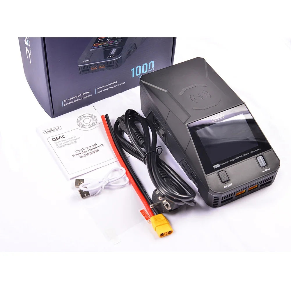ToolkitRC Q6AC Charger AC 400W / DC 1000W 4CH output Built-in 65W USB Output 15W Wireless Charger for LiPo NiMH PB battery