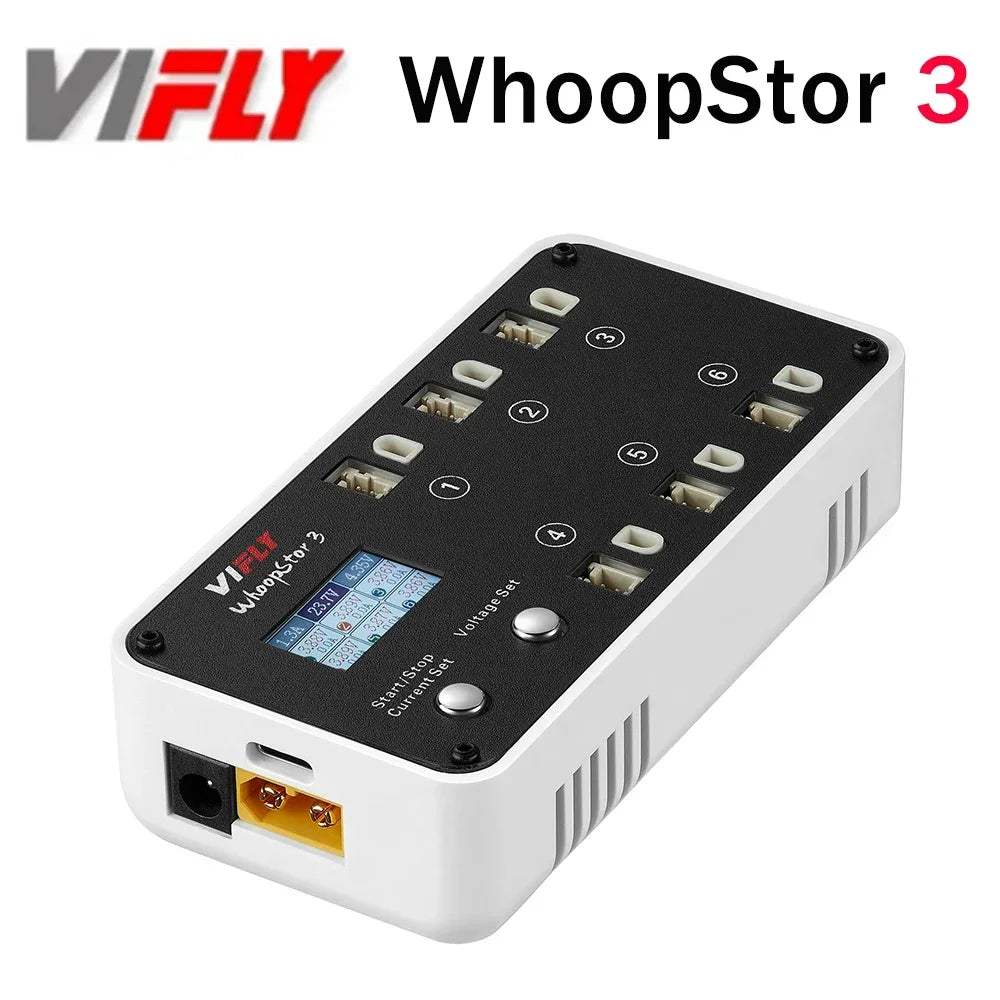 SoloGood VIFLY WhoopStor 3 V3 Battery Charger 6 Ports 1S LiPo Charger Discharger Storage Memory Function for Tinywhoop BT2.0 PH2.0 Come with AC to DC Power Adapter