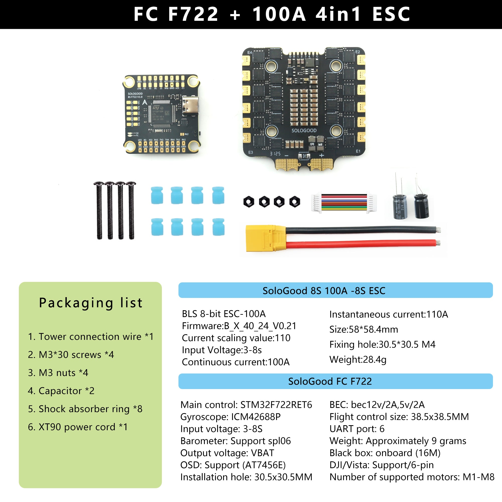 SoloGood 8S F722 100A Stack ICM42688P F722 Flight Controller 100A 4in1 ESC 30.5X30.5mm 3-8S Support 2 Cameras