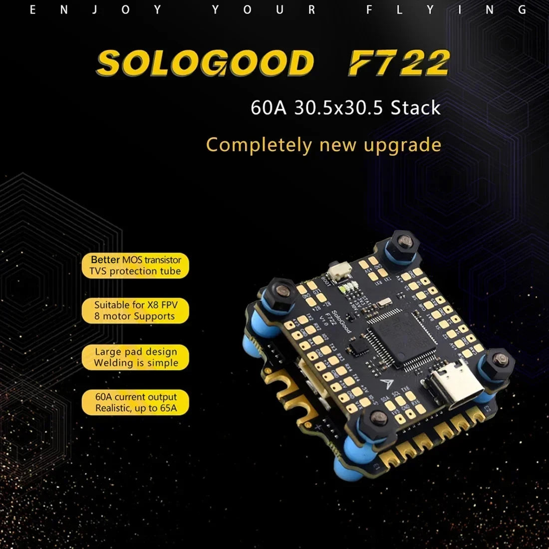 SoloGood F722 60A Stack ICM42688P FC BLHELI_S 4in1 ESC 30.5X30.5mm 2-6S Betaflight INAV Phone Adjustment