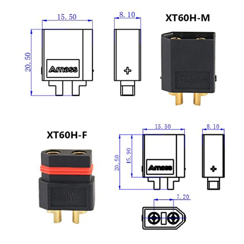 10 Pairs Amass Black XT60W Waterproof Plug Gold-Plated Bullet Connectors Male and Female for RC Aircraft Drone Lipo Battery Spar