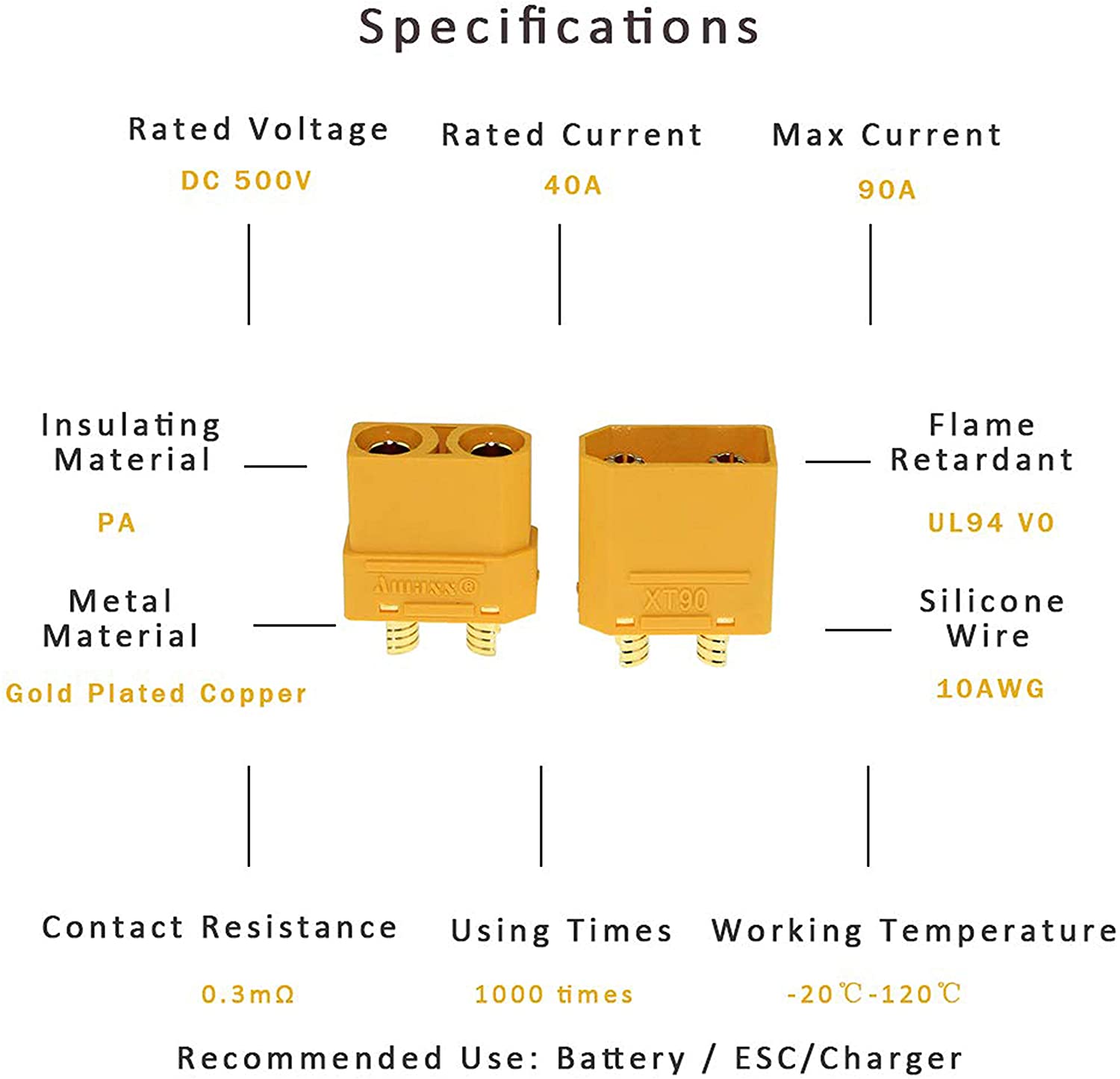 Amass 5 Pairs XT90 XT-90 Male Female Bullet Connectors Power Plugs for RC Lipo Battery Motor