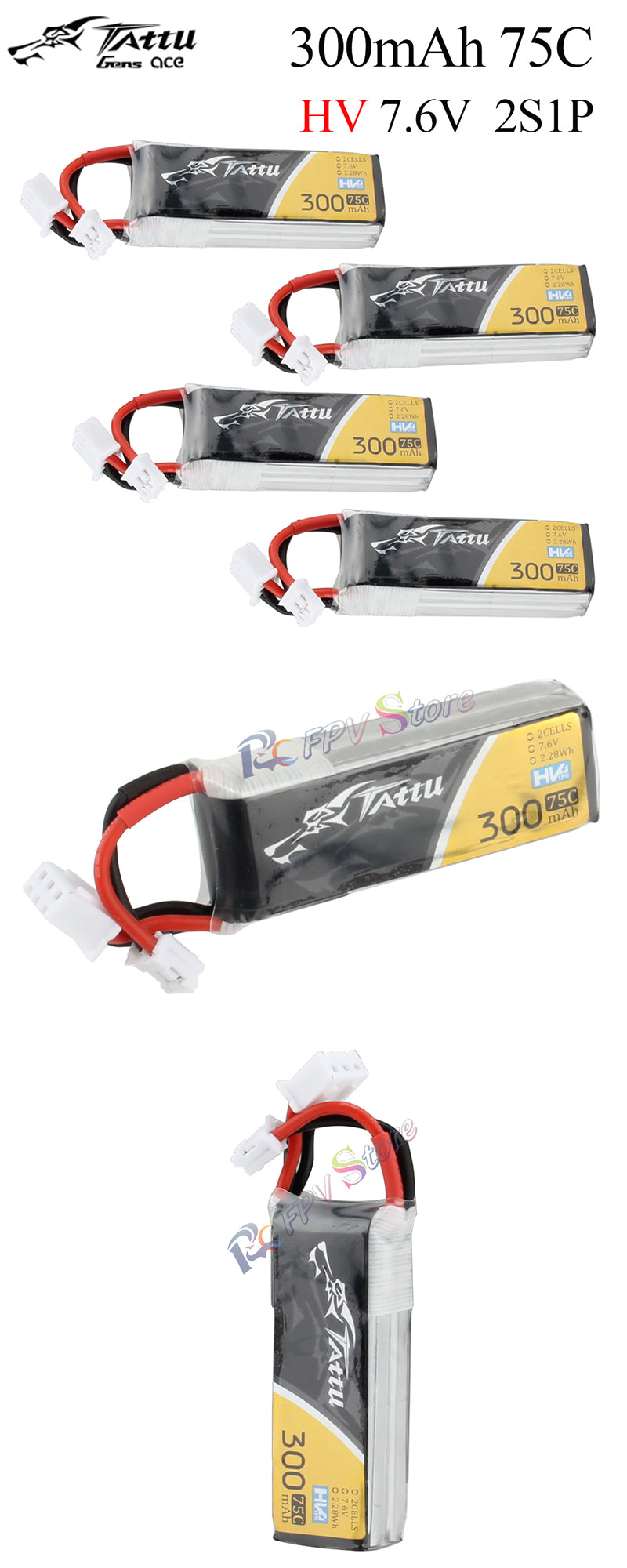 4PCS Tattu 300mAh  7.6V 75C 2S1P HV Lipo Battery Pack With  JST-PHR Plug  for RC FPV Racing Drone Quadcopter Toys