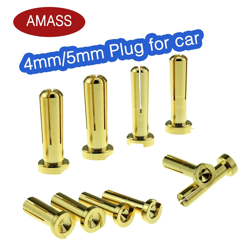 10PCS AMASS 4mm 5mm Banana Plugs Male Authentic Alotted aft Beveled Stable Current 40A Gold Plating 5u For RC Car