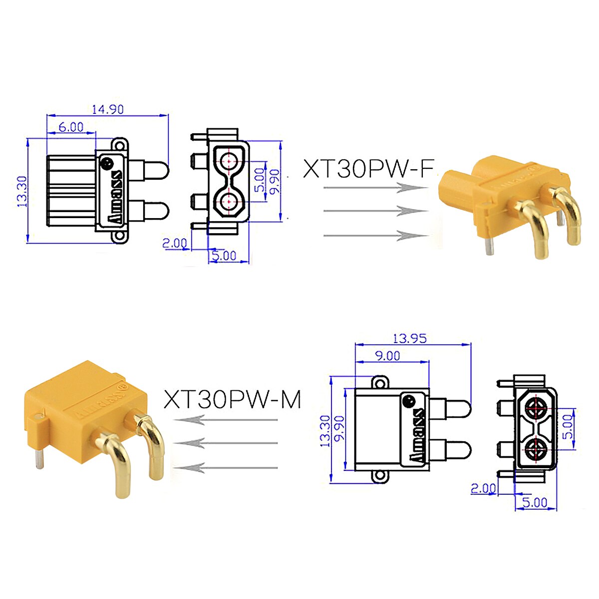 10  Pairs Amass XT30PW XT30 Connector Plug Male and female Upgraded Female & Male Heat Shrink Gold Plated For RC Parts